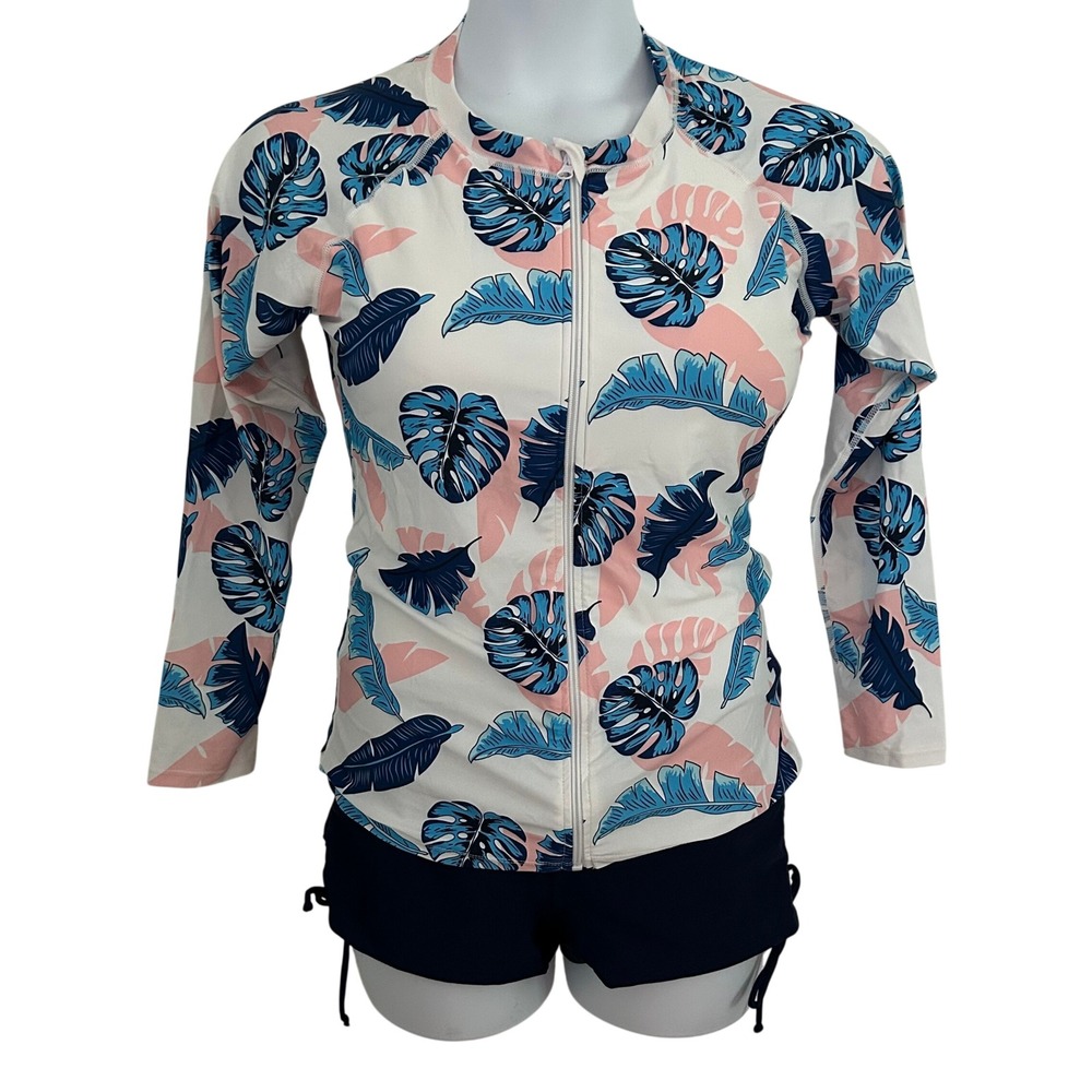 Womens Two-Piece Rash Guard Swimsuit Set Pink Blue L Large Tropical Padded